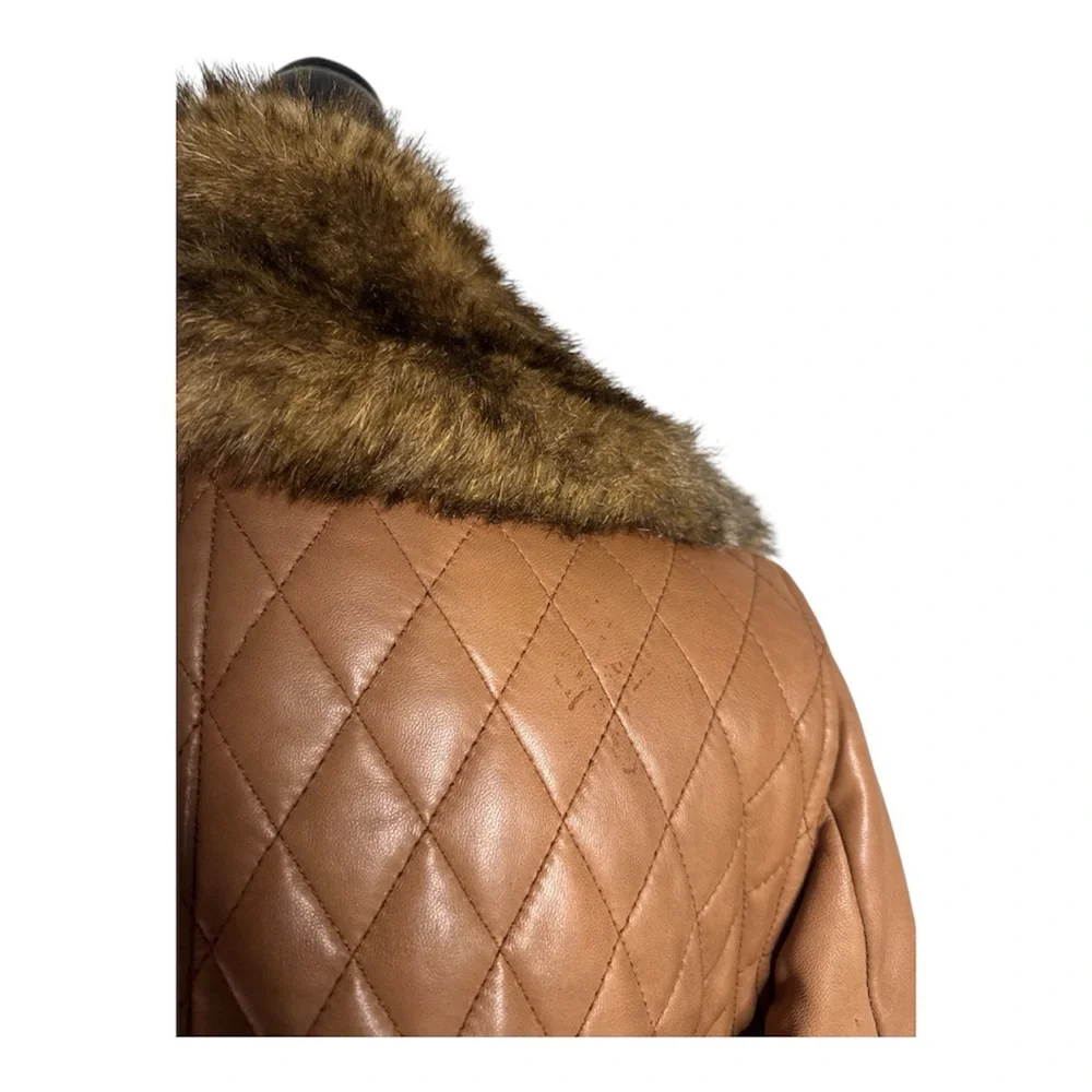 Arden B 100% Leather Quilted Faux Fur Trim Jacket Size L Camel Brown Y2K - Picture 6 of 9